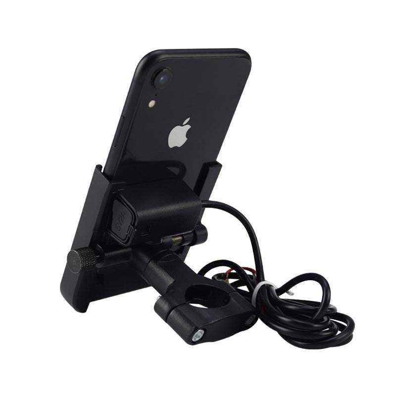 Aluminum phone holder mounted with charging cable for motorcycle or bicycle