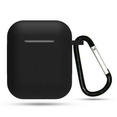 Black wireless headphones case compatible with Apple AirPods and Bluetooth headsets with carabiner clip