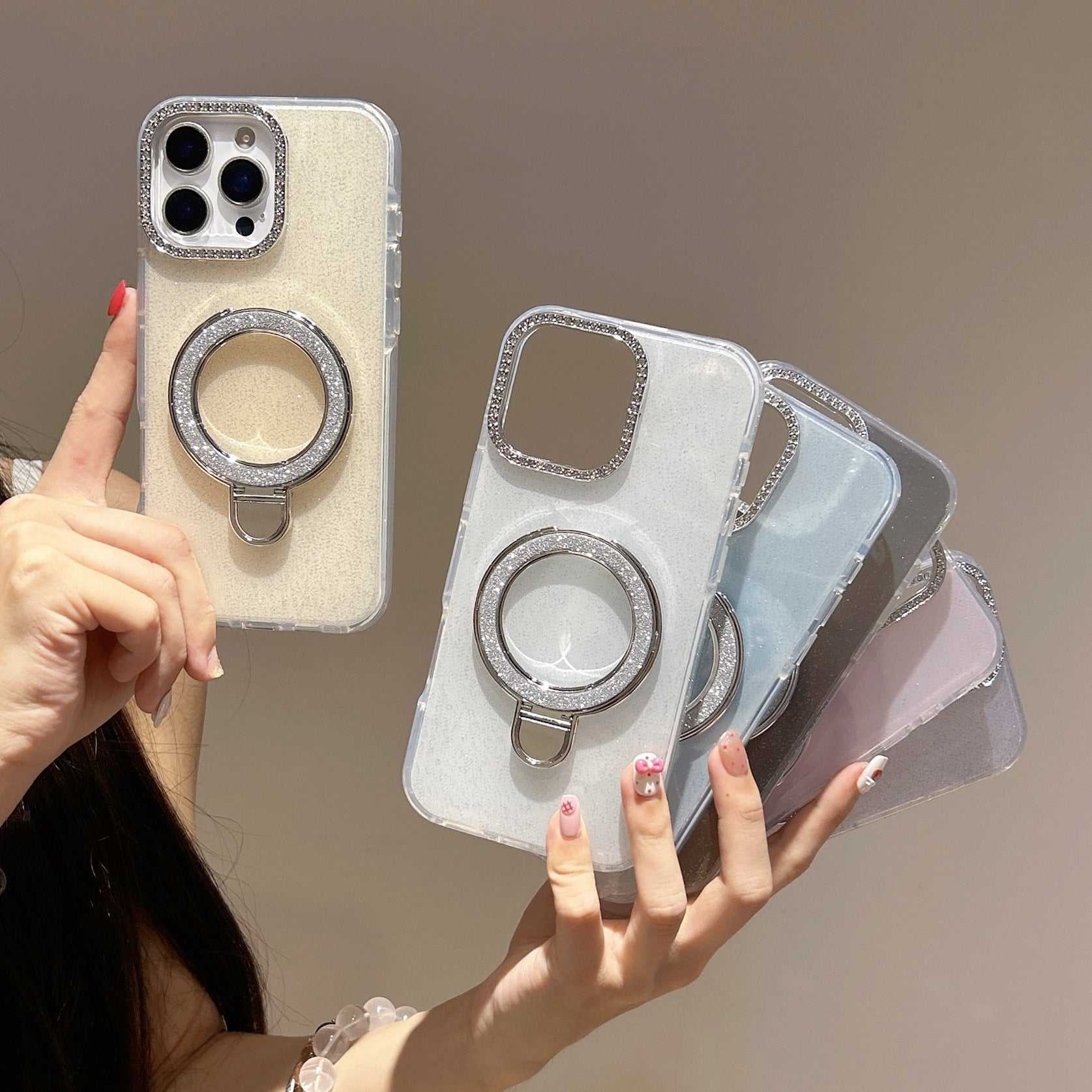 Epoxy gradient glitter phone cases with rotating rhinestone ring bracket for iPhone models