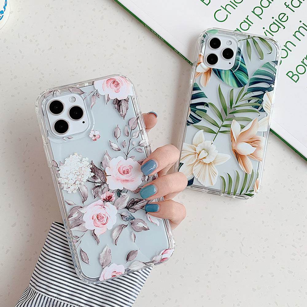 Clear silicone iPhone cases with banana leaf watercolor and floral designs for phone protection