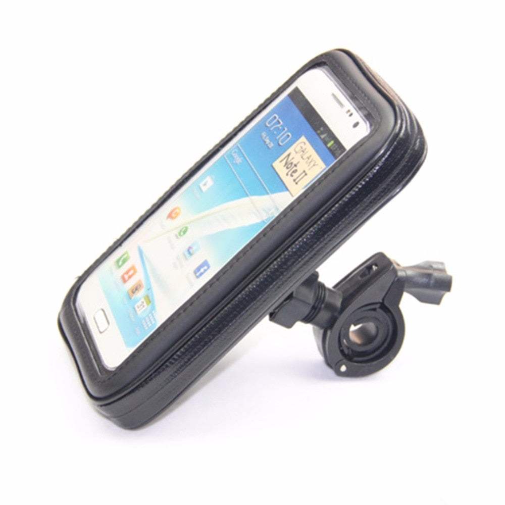 Waterproof black bicycle phone holder with mount bracket for outdoor riding, fits phones 4.7-6.3 inches