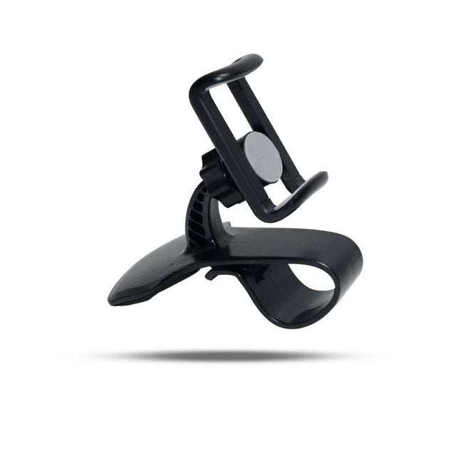 Black rotating phone holder with clip and 360-degree swivel for car use