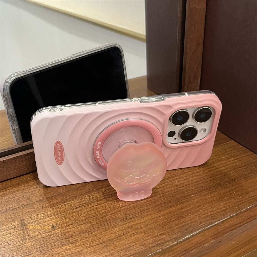 Pink gradient ripple circle phone case with ring holder for iPhone 15, protective acrylic anti-drop design