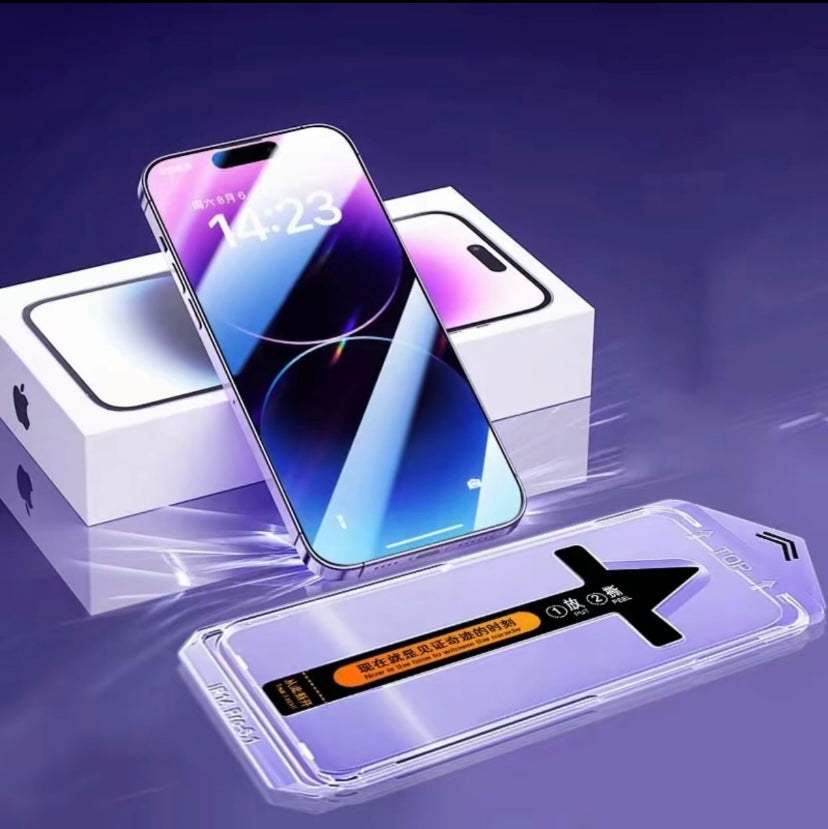 Matte screen protector for iPhone 14 and 15 series with anti-glare, anti-fingerprint, shatterproof glass, and sensitive touch.