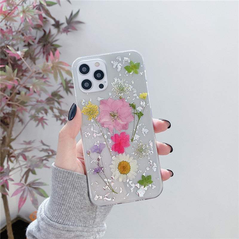 Clear phone case with silver foil dried flowers for iPhoneXR epoxy floral design