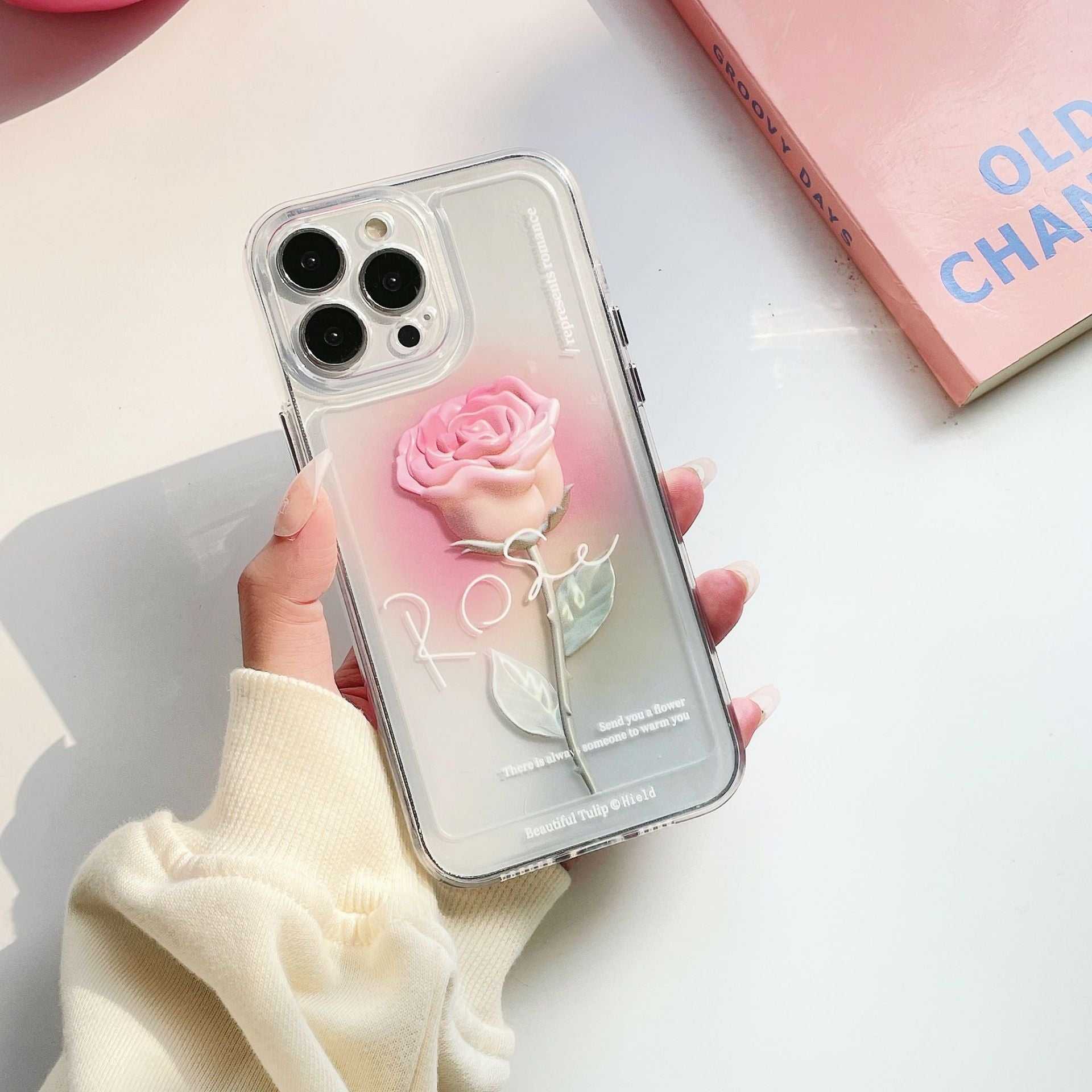 Clear TPU phone case with pink rose design for iPhone featuring fall protection, Ins Rendering Rose Protector for women