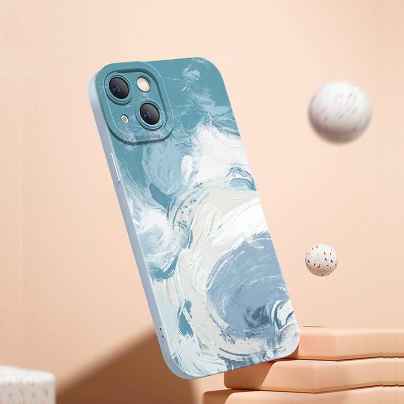 Fashion liquid silicone phone case with blue and white abstract print design for iPhone models