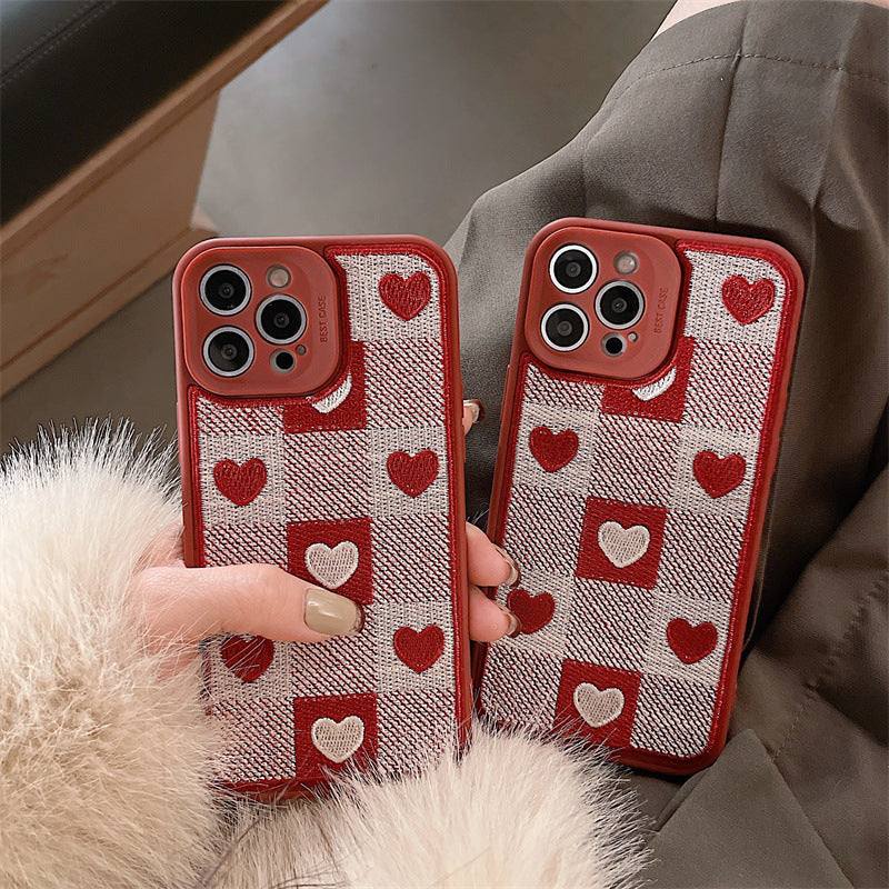Checkerboard heart embroidered silicone phone case protector for iPhone models, drop-proof and minimalist style