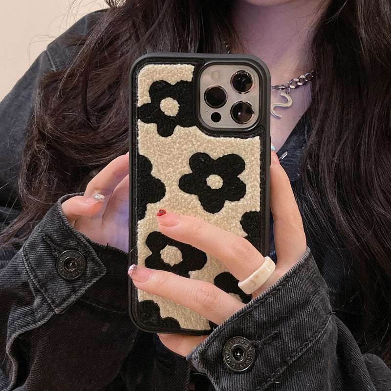 Plush flowers black and beige soft phone case for autumn and winter iPhone models
